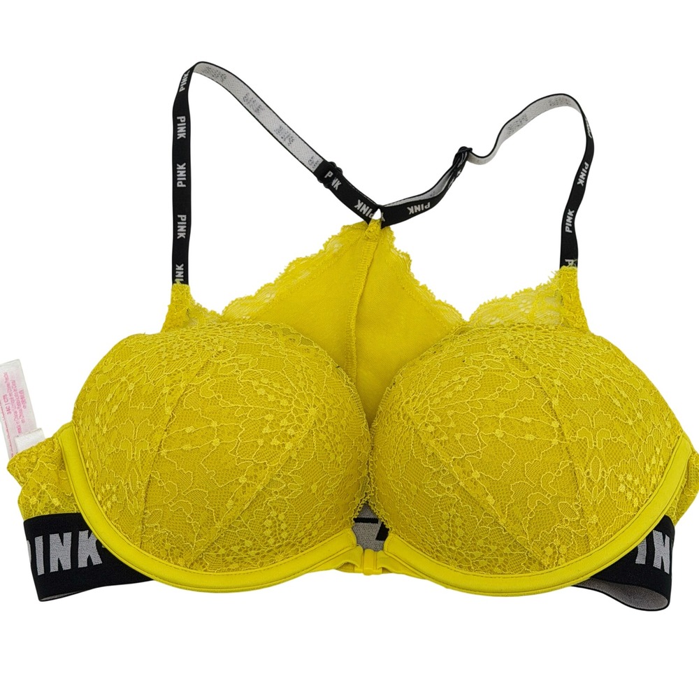 Victoria's‎ Secret PINK Date Push-Up Bra 34C Yellow Lace Front Close Racerback